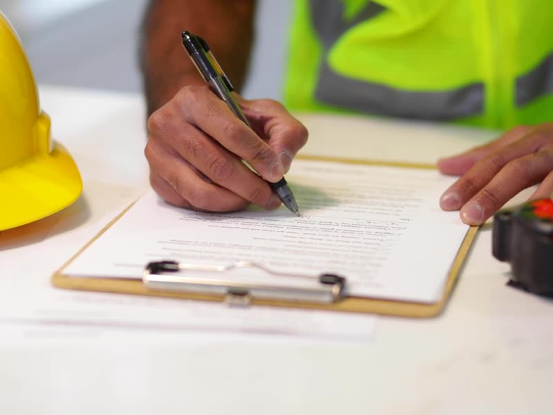 A builder on site, marking up a docket