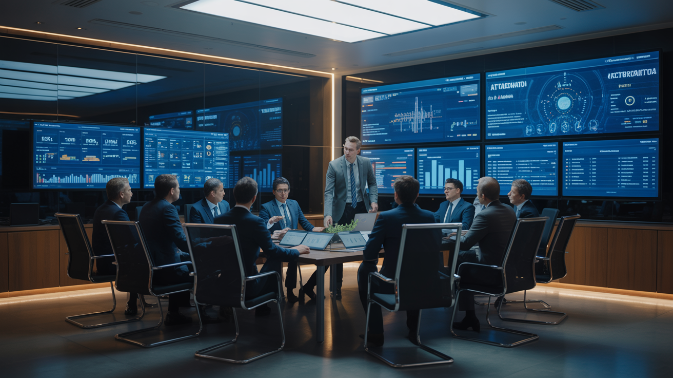 Executive boardroom strategy session with automation dashboards