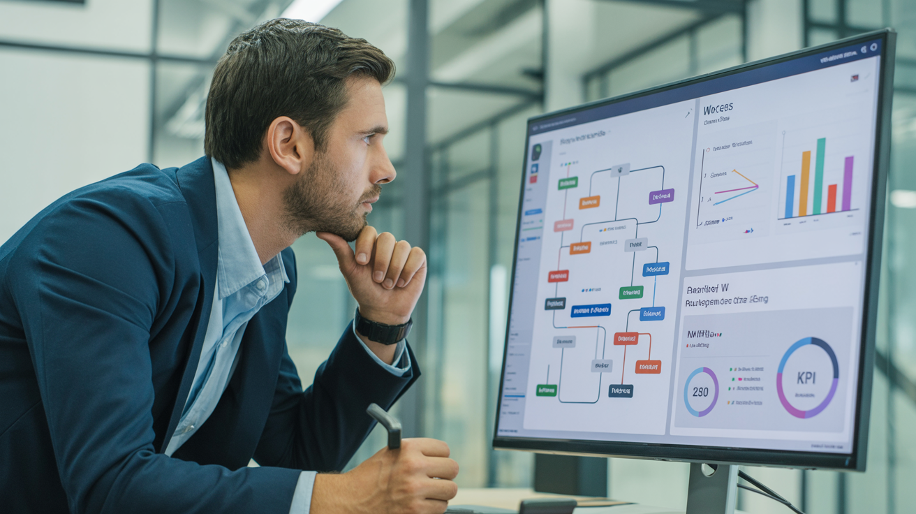 Professional analysing workflow diagrams and dashboards